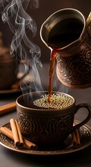Fototapeta premium Traditional Turkish Coffee: Pouring hot dark liquid into an ornate copper cup with cinnamon sticks, aromatic morning beverage, cultural heritage, breakfast refreshment and relaxation concept