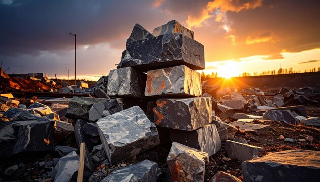 FlyPro_Firefly presents a photorealistic DSLR style image of rough, unworked granite blocks stacked haphazardly, creating an unstable foundation at sunset.
