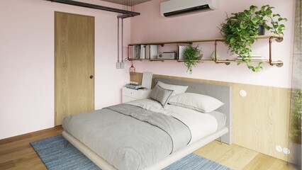 Fototapeta premium Modern bedroom interior with pink walls and industrial copper pipe shelves. 3D render of room with grey bedding and wooden door. Home design concept