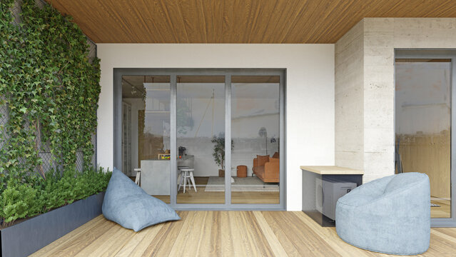 Modern apartment balcony with wooden deck and blue beanbag chairs. 3D render of residential terrace with glass sliding doors looking into living room. Urban home exterior design