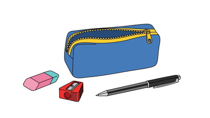 Blue pencil case with pen, eraser, and sharpener on white background © Alis