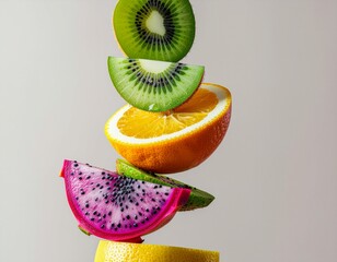 Creative vertical stack of floating fresh fruit slices including kiwi, orange, and dragon fruit against a clean light gray background