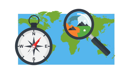 Compass and Magnifying Glass on World Map - Travel and Exploration Concept © Alis