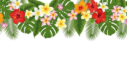 Tropical border of bright hibiscus plumeria flowers and green monsterapalm leaves © Julian Vance
