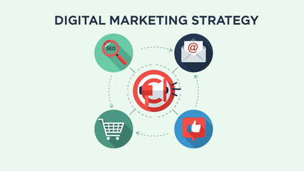 Obraz premium Digital Marketing Strategy Icons: SEO, Email, Social Media, E-commerce