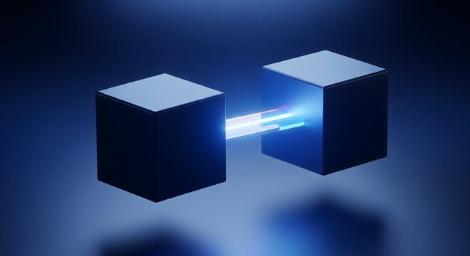 Abstract 3D illustration of two floating black cubes connected by a glowing neon light beam on a dark blue background representing data transfer and blockchain connectivity