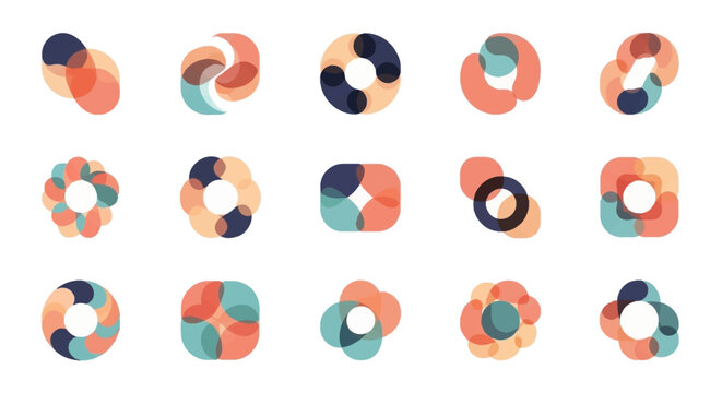 Abstract geometric shapes collection, modern colorful overlapping translucent design elements