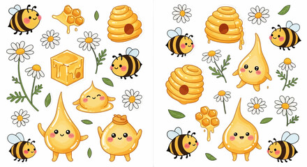 Fototapeta premium Cartoon bees honeycomb daisies vector illustration set for design