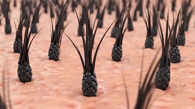 Detailed 3D illustration of human hair follicles on skin surface for medical concepts