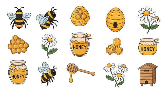 Cartoon bees honeycomb honey jars and flowers collection isolated