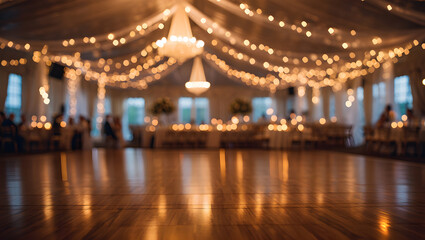 Obraz premium A grand wedding reception hall with sparkling string lights and chandeliers creating a festive ambiance.