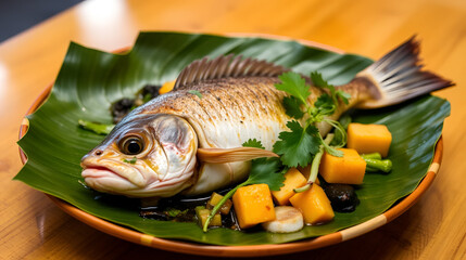 Exquisite Cambodian Fish Amok Plated on Leafy Dish with Fresh Herbs