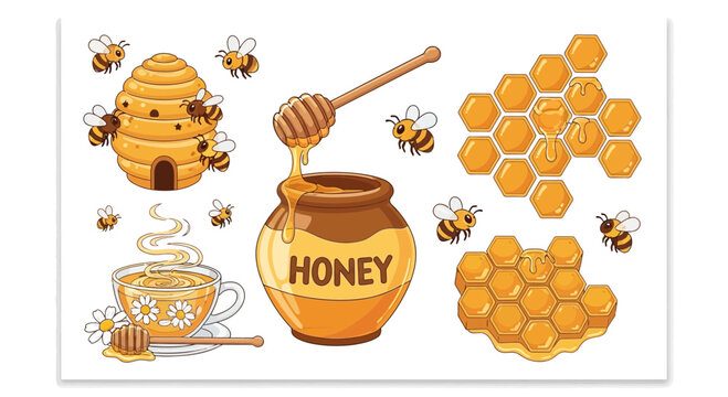 Cartoon honeycomb beehive honey pot cup with bees vector illustration