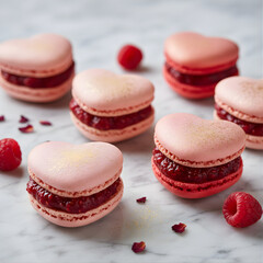 Obraz premium Elegant Heart-Shaped Pink Macarons with Raspberry Filling and Gold Dust on White Marble