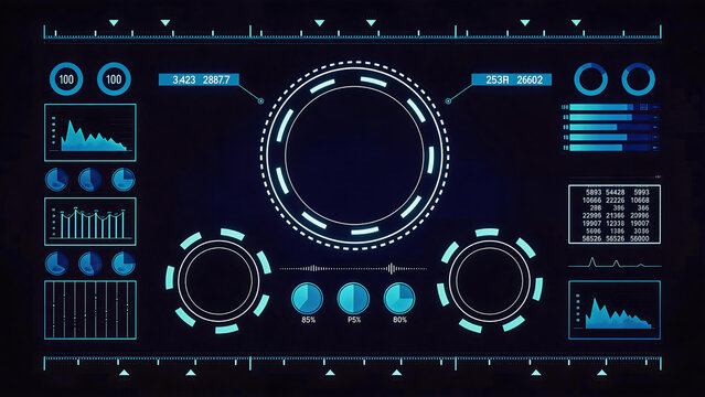 Futuristic digital dashboard with various data visualization elements, including graphs, charts, and circular metrics displays, set against a dark, cybernetic background.