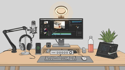 Modern Content Creator Desk Setup with Video Editing Station © Alis