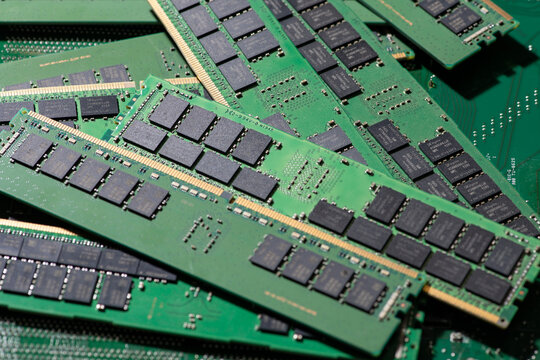 Computer RAM memory modules background. DDR RAM memory chips. Memory for servers and workstations. PC RAM modules for upgrade.