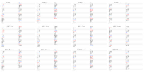 2027年 1月から12月のシンプル年間カレンダー　曜日英語