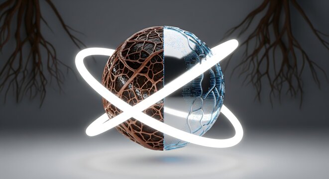 Conceptual 3D illustration of a sphere split between organic nature and futuristic digital technology with glowing rings.