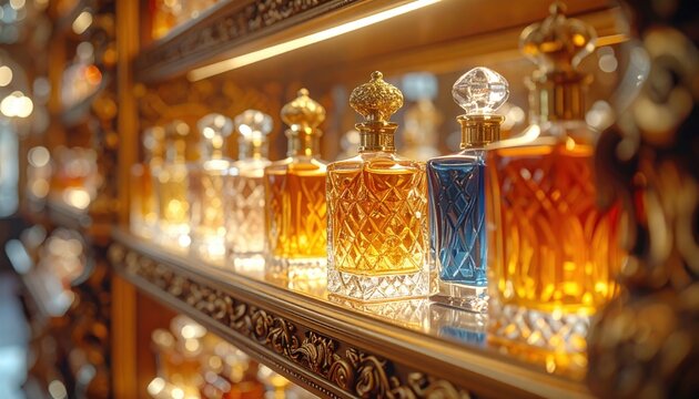 Gilded antique perfume display shelf with intricate scrolling, elegantly showcasing vintage perfume flacons with ornate stoppers from the FlyPro Firefly collection.