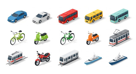 Collection of isometric transportation vehicles and modes of travel. © cici caesar
