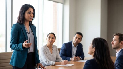 Confident Indian female leader speaking to diverse team in modern meeting room, professional atmosphere with attentive colleagues and natural light