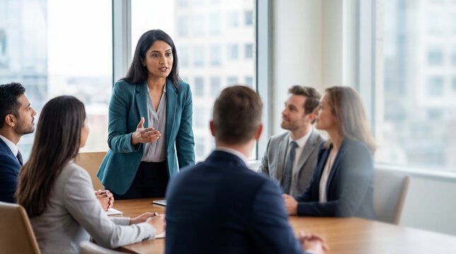 Confident Indian woman leading business meeting in modern office, presenting ideas to attentive colleagues with professional attire and collaborative energy