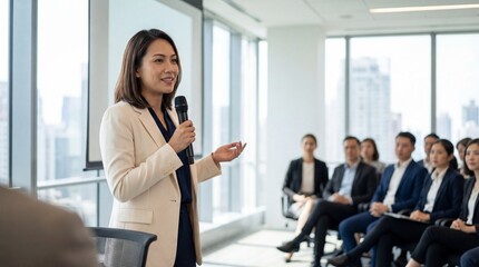 Confident Southeast Asian woman giving professional presentation to diverse business audience in modern office, smiling and speaking into microphone with city view windows
