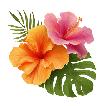 Orange and Pink Hibiscus Flowers with Tropical Leaves Isolated on Transparent Background
