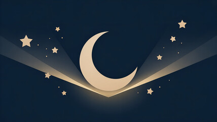Naklejka premium Elegant Ramzan greeting background featuring a crescent moon and stars with soft glowing light in a minimal design creating a calm spiritual atmosphere suitable for festive messages