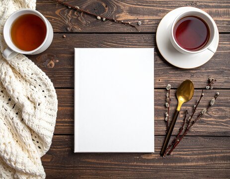 Work morning mood mock up for your text and design, top view, flat lay, white planchet with willow branch and tea at rustic wooden background. 