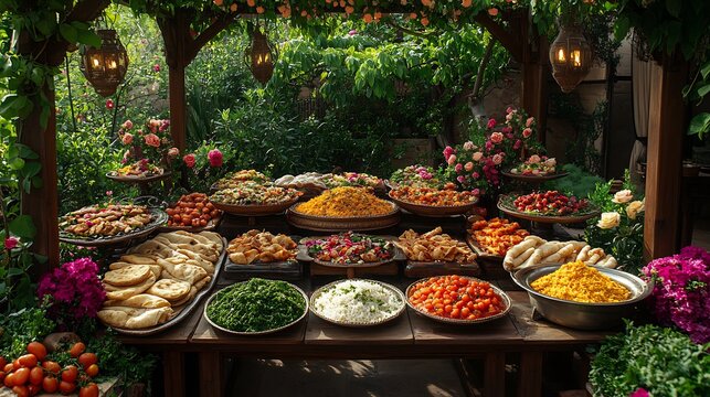 Spring dawat with aromatic pulao chapli kebabs saag and fresh salads served under a canopy surrounded by flowers and greenery