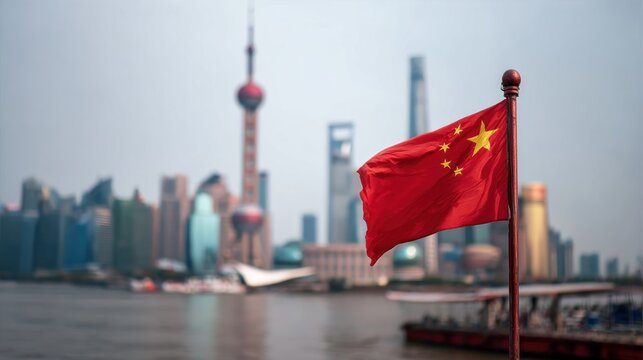 China flag waving in front of Shanghai skyline.