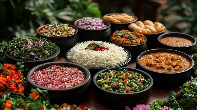 Spring dawat with aromatic pulao chapli kebabs saag and fresh salads served under a canopy surrounded by flowers and greenery
