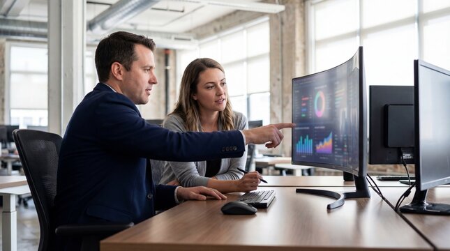 Two business professional analyzing data on curved monitor in modern office, collaborative discussion with charts and graphs visible, focused teamwork and digital presentation