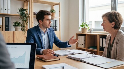 Obraz premium Young financial advisor meeting with client in office discussing investment plan and attentive service, professional consultation with documents and folders on wooden desk