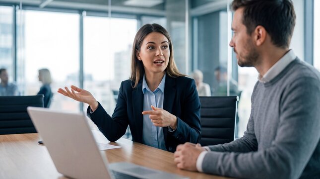 Young professional woman explaining project details to male colleague in modern office, confident discussion and collaborative mood