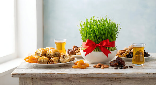 Novruz setting table decoration, wheat grass, Azerbaijan national pastry pakhlava, new year sring celebration, nature awakening