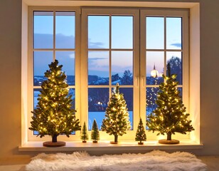 Illuminated small Christmas trees on a windowsill, outdoor view