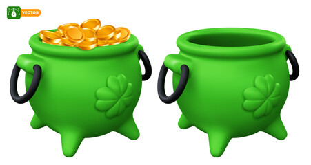 Saint Patrick's pot full of gold coins and empty. Leprechaun cauldron with treasure, four leaf clover, lucky shamrock. Saint Patrick's Day celebration design element. Isolated 3d vector illustration © Pagina