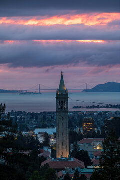 Twilight Over the Bay: The Campanile and the Golden Gate. Berkeley, Alameda County, California, USA.