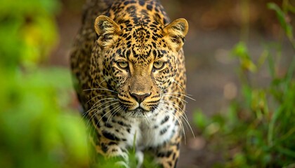 Majestic leopard, focused gaze, emerging from lush, green foliage