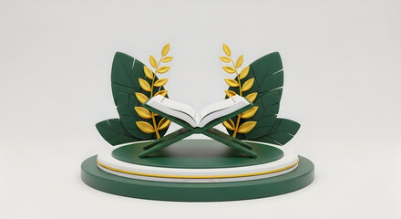 Islamic Holy Book Quran on Stand with Green Leaves and Golden Laurel Wreath on Pedestal
