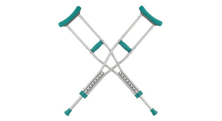 Pair of adjustable aluminum crutches with green handles and rubber tips isolated on white background for medical recovery and mobility