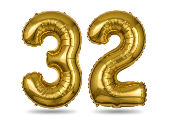 Number thirty two golden balloon for anniversary celebration isolated on white background shiny metallic foil birthday decoration