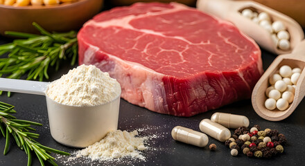 Protein powder scoop with raw beef steak and supplement capsules for fitness nutrition and muscle building healthy diet lifestyle