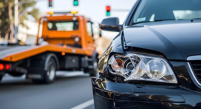 Car Accident Recovery: Smashed headlight of black vehicle with tow truck in background, insurance claim, roadside assistance, traffic collision, safety and emergency service concept