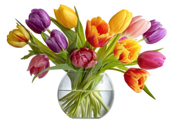 Naklejka premium Colorful Tulips in Glass Vase Arrangement with Stems Isolated on Transparent Background