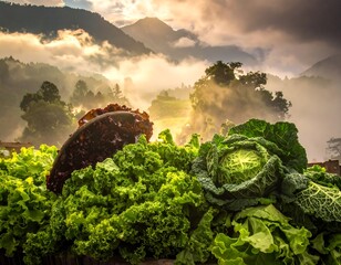 A vibrant display of fresh vegetables, including kale and cabbage, is set against a misty mountain landscape