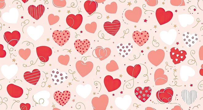 A heart pattern with red, white, and pink hearts on a pink background with gold and white swirls.